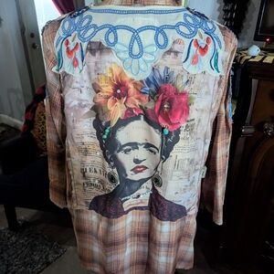 Frida Kahlo Plaid Women's Jacket with Floral Embroidery